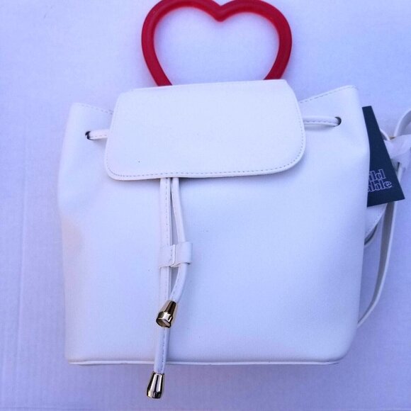 Wild Fable White Mini Backpack w Flap Drawstring Closure Red Heart Handle NWT - Picture 2 of 9